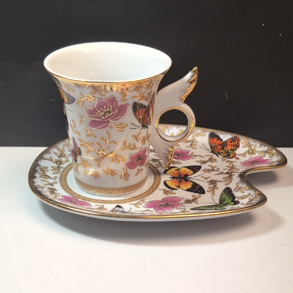 Floral Butterfly Teacup and Saucer Set By Allison L.L. NEW